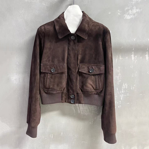 Jxwatcher Autumn Real <strong>Suede</strong> Sheepskin Coat Bomber Zipper Long Sleeves Warm Windproof Custom Dark Brown Leather <strong>Jacket</strong> for <strong>Women</strong> - Product Image 3