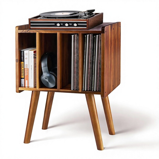 Wooden LP Record Player Stand 4 Cabinets Holds 100 Vinyls Metal Storage Holder Organizer Table Mid-Century Modern