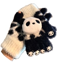 Gants en peluche panda roux mignons en tricot avec plumes de poulet, style coréen, cinq doigts, pour femmes, hiver, écran tactile, cyclisme