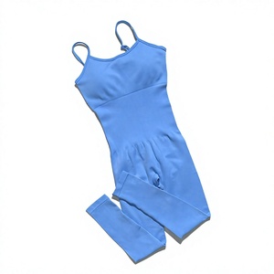 Women's Blue Spaghetti Strap <b>Bodysuit</b> Full Length Cami Bodycon Activewear Stretch Soft Tummy Control Shapewear - Product Image 1