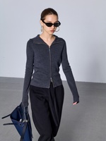 Cardigan zippé en laine pure mélangée écologique pour femme, coupe ajustée, fermeture éclair bidirectionnelle, poignets côtelés, manches longues, doux et chaud