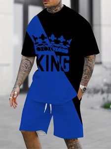 Ensemble décontracté deux pièces à manches courtes respirant pour homme, <span class=keywords><strong>tenue</strong></span> d'été, imprimé numérique, épissure bicolore, motif 'King', col en V, satin - Product Image 1