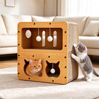 Tempat Tidur dan Tiang Garuk Kucing Dua Tingkat, Papan Padat, Kertas Bergelombang, Bebas Serat, Mainan Indoor
