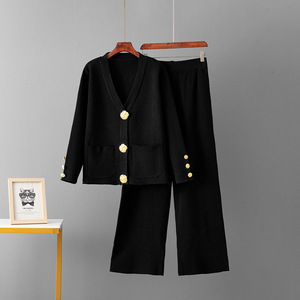 Conjunto Casual de Dos Piezas para <span class=keywords><strong>Mujer</strong></span>, Otoño Invierno, Cárdigan de Punto Combinable con Pantalones Anchos, Atuendos Combinables con Hebilla Metálica - Product Image 5