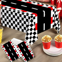 Nappe de table carrée jetable imperméable en PEVA à motif drapeau à damier de circuit de course pour fête d'anniversaire sur le thème des voitures pour enfants en extérieur