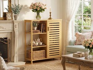 Mobiletto da <span class=keywords><strong>Bagno</strong></span> in Bambù con Anta e 3 Ripiani Aperti, Armadietto Laterale Autoportante per Cucina - Product Image 3