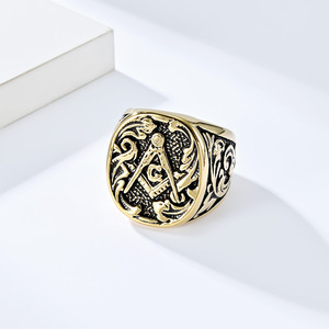 Bague pour homme en acier inoxydable plaqué or vintage, maçonnique, avec signet maçonnique de maître - Product Image 5