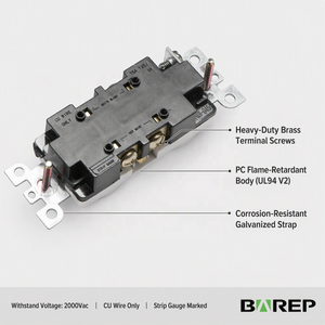 Receptáculo Dúplex BAREP CULus 15A 125V NEMA 5-15R Resistente a Manipulaciones, Contactos de Latón Resistente, UL94 V2 PC para Uso Residencial en EE. UU. - Product Image 4