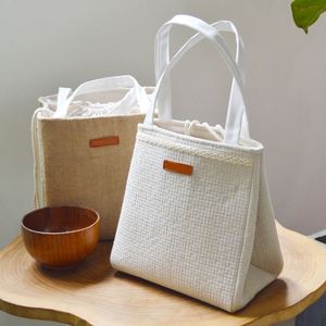 Sac isotherme rétro personnalisé en coton et lin, durable, avec cordon de serrage, pour le stockage des aliments, le déjeuner, le travail, les pique-niques, la plage - Product Image 2