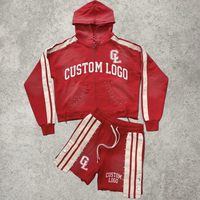 Conjunto de Sudadera con Capucha Corta y Pantalones Cortos para Hombre, Estilo Y2K Streetwear, Personalizado, de Alto Gramaje, con Lavado Ácido, Pedrería y Efecto Desgastado, con Cremallera