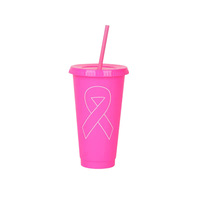 Gobelet isotherme réutilisable 24oz avec ruban rose pour la sensibilisation au cancer du sein, avec paille, double paroi, couvercle en plastique PP, style épuré, tasse droite