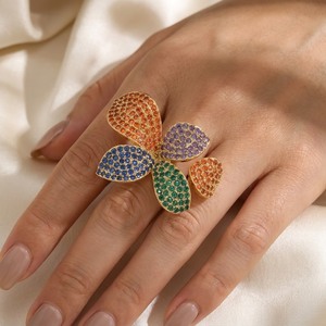 Anillo Floral Grande <span class=keywords><strong>de</strong></span> Cristal Colorido al por Mayor, Chapado en <span class=keywords><strong>Oro</strong></span> <span class=keywords><strong>de</strong></span> 18K, <span class=keywords><strong>con</strong></span> Circonitas Arcoíris y Micropavé, Joyería para Fiesta <span class=keywords><strong>de</strong></span> Cóctel - Product Image 4