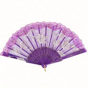 Hot Sale Fashion Foldable Lace <b>Edge</b> Rose PP Hot Stamping <b>Plastic</b> Bone Hand Fan 23x42.5cm Custom Tags for Wedding Gift - Product Image 1