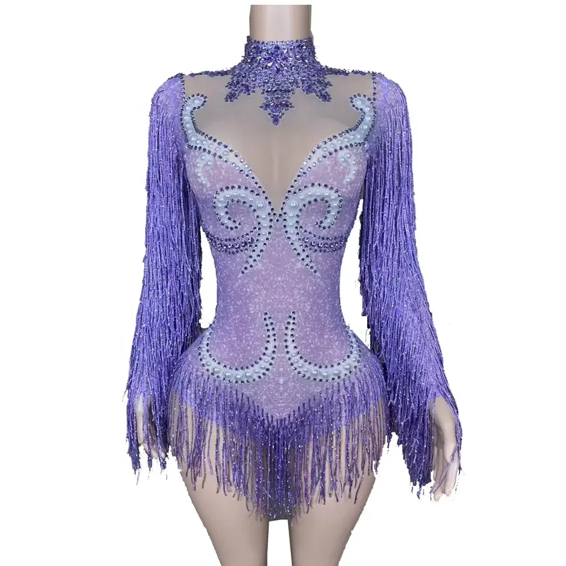 Fashion Gray Fringe Purple Rhinestones Pearls Transparent Bodysuit Women Dance Show Costume Birthday Party Outfit