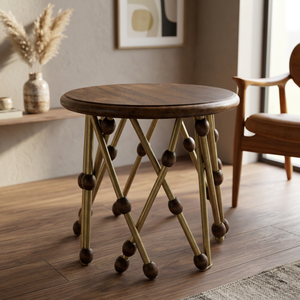 Midcentury Modern Indonesian Solid Wood Coffee <b>Table</b> with <b>Brass</b> <b>Legs</b> Wooden Knobs Antique Style Living Room Furniture Handmade - Product Image 3
