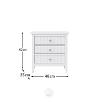 Paire de tables de chevet modernes de qualité supérieure, blanches, à 3 tiroirs, écologiques, avec façade cannelée, en MDF revêtu, poignées métalliques