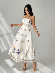 Vestido Largo Blanco Informal de Moda con Bordado Simple y Tirantes Huecos de Manga Corta para Mujer, 100% Algodón - Product Image 4