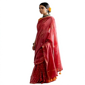 Sari en soie rouge avec broderie dorée et pompons, tenue de mariage indienne traditionnelle pour femmes, séchage rapide, toutes saisons - Product Image 1