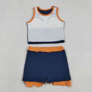 ชุดเด็กผู้หญิง GSD4017 rts Little Active Girl สีกรมท่า-ส้ม ลายพิมพ์เรียบ ชุดขายส่ง เสื้อแขนกุด กระโปรง ชุดโยคะสำหรับเด็กผู้หญิง - Product Image 3