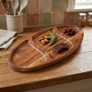 Bandeja de Servir de Madera Hecha a Mano, Forma Ovalada, Compartimentos para Aperitivos, Exhibición de Alimentos, Decoración del Hogar, Apta para Lavavajillas y Microondas, Último Modelo - Product Image 1