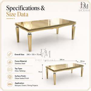 Mesa de Comedor de Acero Inoxidable Dorado Premium con Cristal Espejado, Patas Cónicas con Detalle de Celosía para Suministro de Banquetes de Boda - Product Image 4