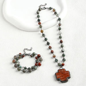 2025 joyería étnica Retro para mujer, collar de cadena corta de piedra Natural de 8mm, colgante de cruz, conjunto de joyería de pulsera de cadena de 2 capas - Product Image 3