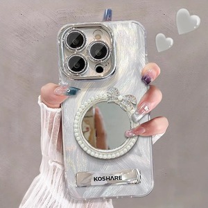 Custodia per iPhone 16 Pro con supporto a specchio perla e tessuto effetto piuma, compatibile anche con iPhone 15, con protezione lente completa di alta qualità per iPhone <span class=keywords><strong>14</strong></span>. - Product Image 2