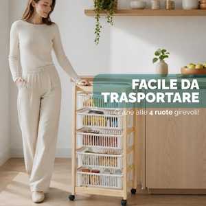 Chariot à fruits et légumes à 5 niveaux, roues pivotantes en bois naturel, paniers amovibles, chariot de rangement 45x30x85 cm - Product Image 4