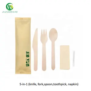 5-in-1 Content Knife Fork Spoon Toothpick Napkin Food Gradeble Restaurant Spoon Manufacturer Disposable Wooden Cutlery Set