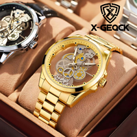 Montre de luxe étanche pour homme, automatique, avec tourbillon creux, bracelet en acier inoxydable doré, mouvement à quartz lumineux