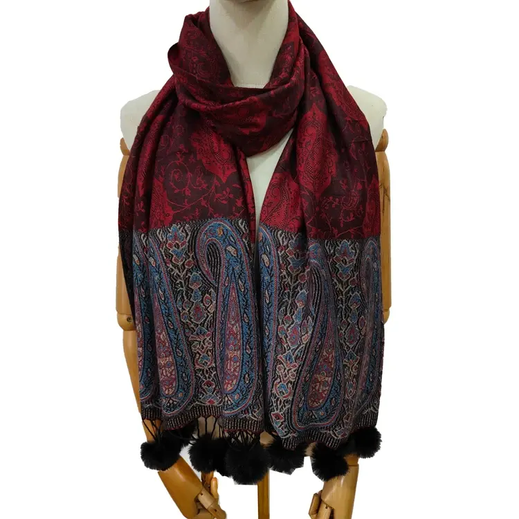 2023 nouveau Design personnalisé Pashmina écharpe châle avec pompon bord multicolore ethnique Paisley foulards châles pour dames