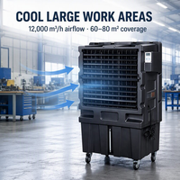 Refroidisseur d'air évaporatif mobile sur roulettes noir 12000 CMH, réservoir d'eau 60L, ventilateur de refroidissement d'air commercial facile à déplacer pour atelier