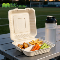 Boîte à emporter en bagasse à 3 compartiments, 8x8 pouces, compostable, carrée, type clamshell, robuste, OEM