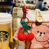 Porte-clés pendentif en métal et peluche, crocheté à la main, motif dessin animé kaki et pomme, pour couples, accessoires de sac