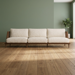 Scandinavian Mikkeli White 3-Seater Sofa Solid Mindi Wood Frame Rattan Open Weaving Fabric Foam Cushion Living Room Hotel - Product Image 5