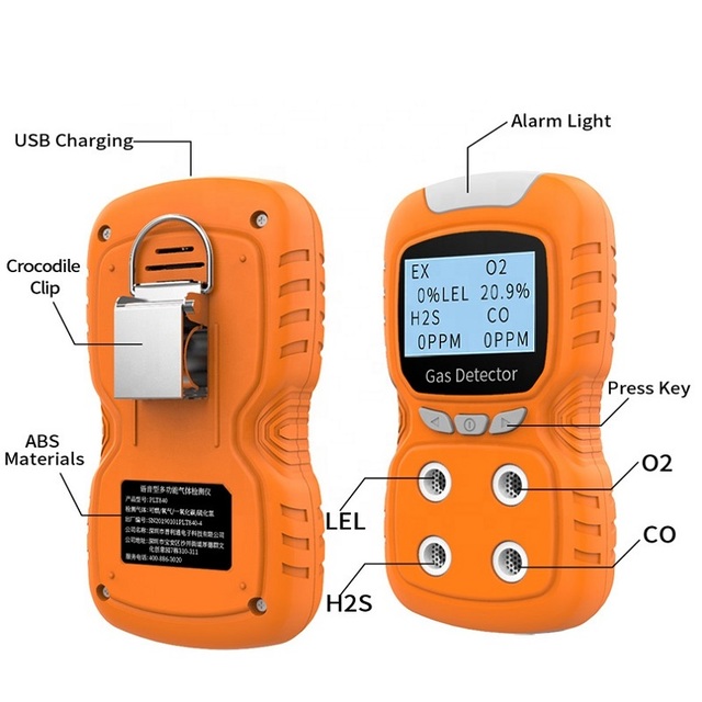 High Sensitive Portable Explosive Gas, H2S, O2, CO 4 in 1 Handheld Rechargeable Industrial Multi Gas Detector