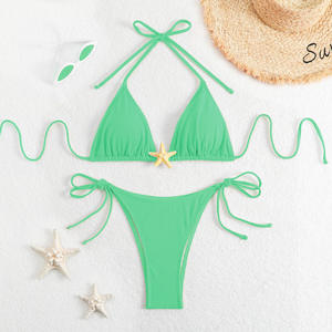 Mayo denizyıldızı mayo kadınlar katı Strappy Beachwear mayo seksi düşük belli Bikini seti - Product Image 4