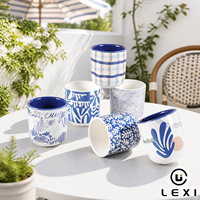 Tasse personnalisée en porcelaine au design artistique bleu nordique, motif feuillage, carreaux, gribouillis et grille, pour bistro, théière LEXI