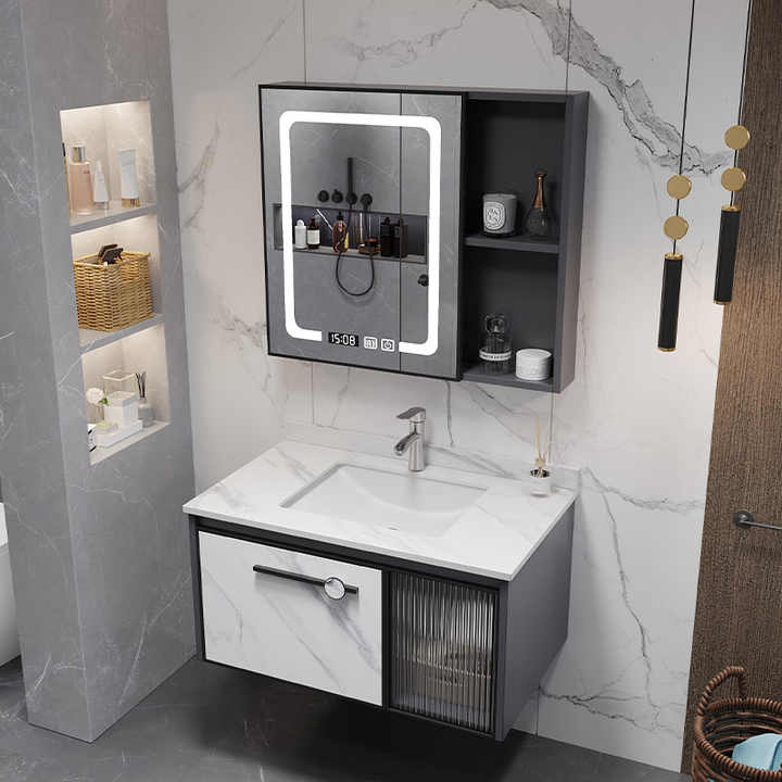 Modern luxury design wall mounted bathroom cabinet rectangle mirror rock plate bathroom vanity ...