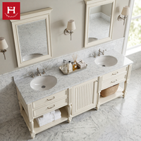 Meuble-lavabo double vasque en bois massif blanc Happy Houses avec tiroirs, étagère ouverte, quincaillerie argentée et plateau en marbre