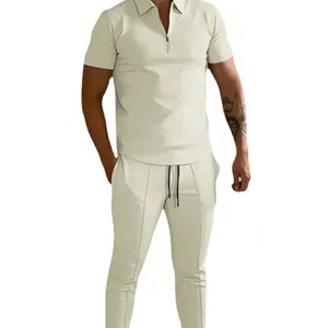Primavera/verão dos homens cor sólida terno lapela camisa POLO de manga curta calças esportivas 2 peças terno Unisex Jogger Sportswear
