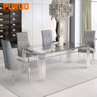 Table à manger en verre trempé transparent en acier inoxydable de luxe léger, finition dorée, 6 places, fabrication OEM en Chine