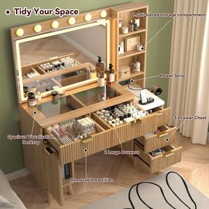 Table de toilette en bois de couleur bois naturel de style moderne, encastrée dans la chambre, avec plateau en verre - Product Image 2