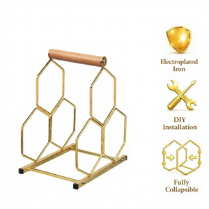 Porte-vin moderne en laiton avec poignée en bois, capacité 3 bouteilles, design minimaliste pour la présentation à domicile - Product Image 2