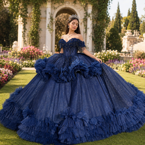 Dy1559 Elegante Vestido de Quinceañera Azul Oscuro con Lentejuelas y Apliques, Vestido de Fiesta con Hombros Descubiertos, Cola con Volantes, Jancember - Product Image 1