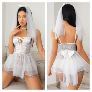 Serre-têtes de mariage, Lingerie sexy pour mariée, Robe de costume à col licou en maille à volants avec string - Product Image 4