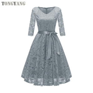 TONGYANG Summer New Party Dress elegante a Line scollo a V <span class=keywords><strong>mezza</strong></span> <span class=keywords><strong>manica</strong></span> al ginocchio <span class=keywords><strong>lungo</strong></span> donna <span class=keywords><strong>abito</strong></span> <span class=keywords><strong>lungo</strong></span> in pizzo - Product Image 5