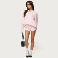 Setelan Kaos Rajut Katun Wanita Model Oversize, Nyaman, Lengan Panjang, Atasan Polo, dan Celana Pendek untuk Wanita