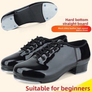 Chaussures de claquettes unisexes en cuir noir brillant à lacets avec semelle extérieure en caoutchouc pour la danse sociale et les soirées - Product Image 4