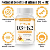 Capsules de Vitamine D3 et K2 MK7 Halal OEM, Complément Vegan pour la Santé Immunitaire et Osseuse, 100 000 UI, 20 000 UI, Capsules de Vitamine D3 K2